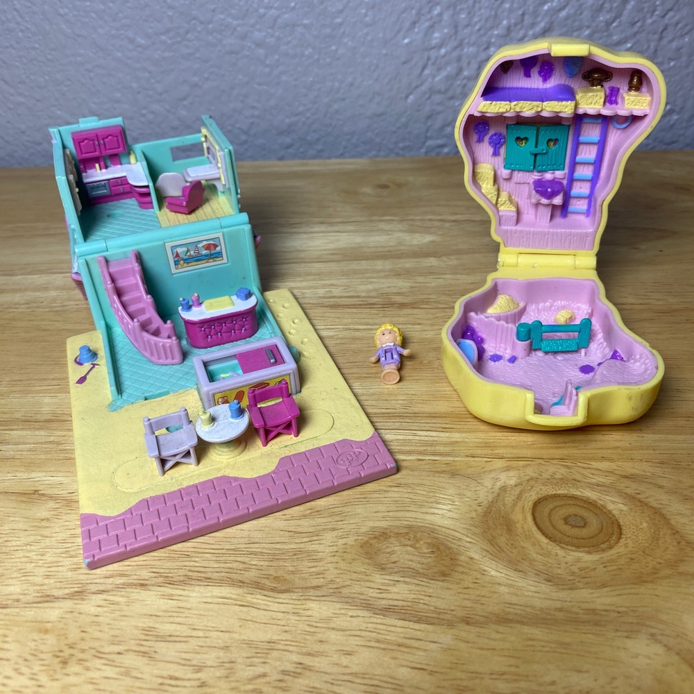 Polly Pocket Bundle Set of Two Paysets and Doll Vintage 90s Beach Cafe Pastel